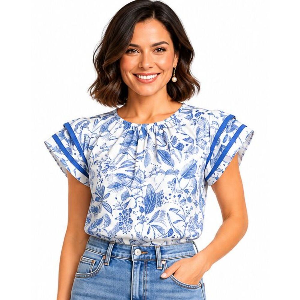 New Umgee L 12 14 Blue Cream Botanical Floral Toile Cotton Double Layer Sleeve